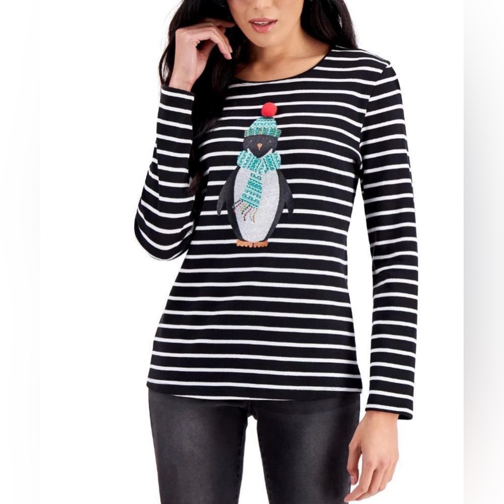 Karen Scott Jolly Penguin Glitter Graphic Top Black White Stripe Size Medium